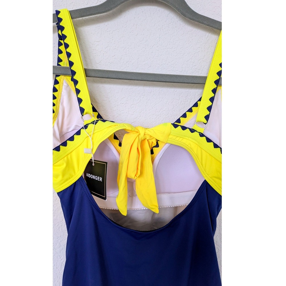 Aidonger Colorblock One Piece‎ Swimsuit Women S Yellow Navy Ruched Ric Rac Trim - Picture 4 of 8